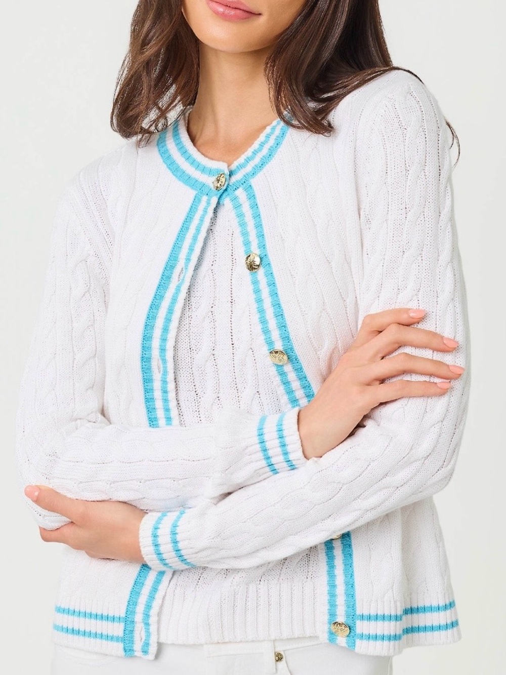 NWT Lilly Pulitzer Brockton Crew Neck Cardigan White & Blue Small